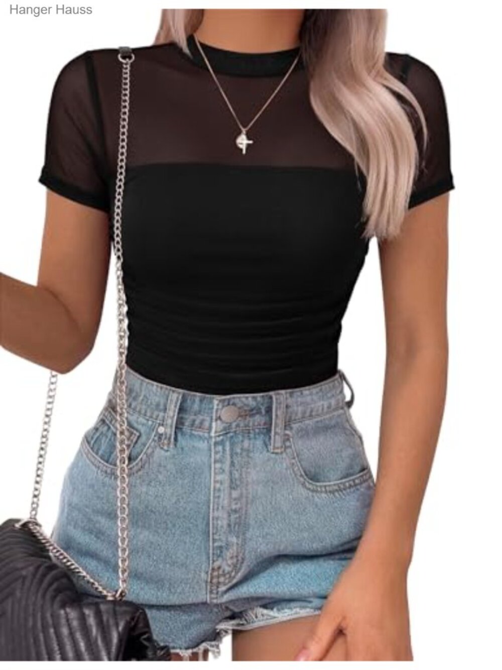 Women's Mesh Short Sleeve Mock Neck Ruched Bodysuit Thong Snap Closure